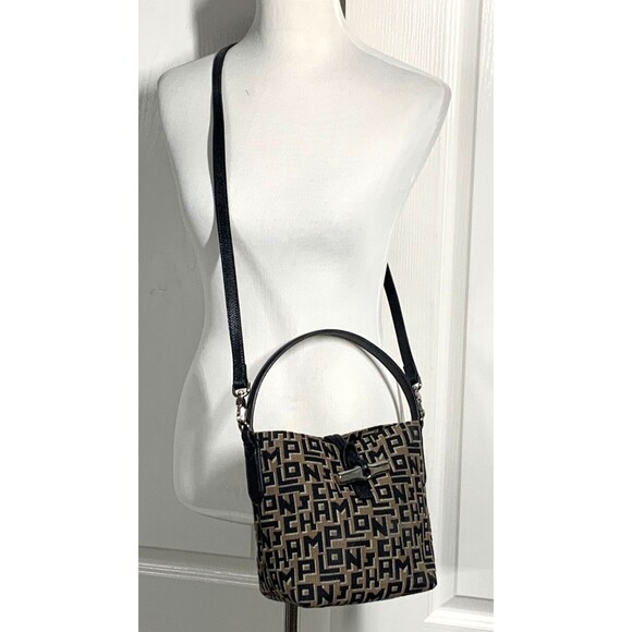 Longchamp Roseau Monogram Print Shoulder Bag Crossbody Black Tan – Hard to Find - Picture 1 of 14